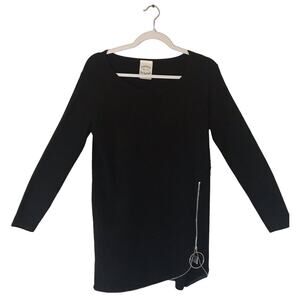 Tlew de Lis Black Sweater Top Shirt Soft Knit Denim Jacket Zipper Accent Medium